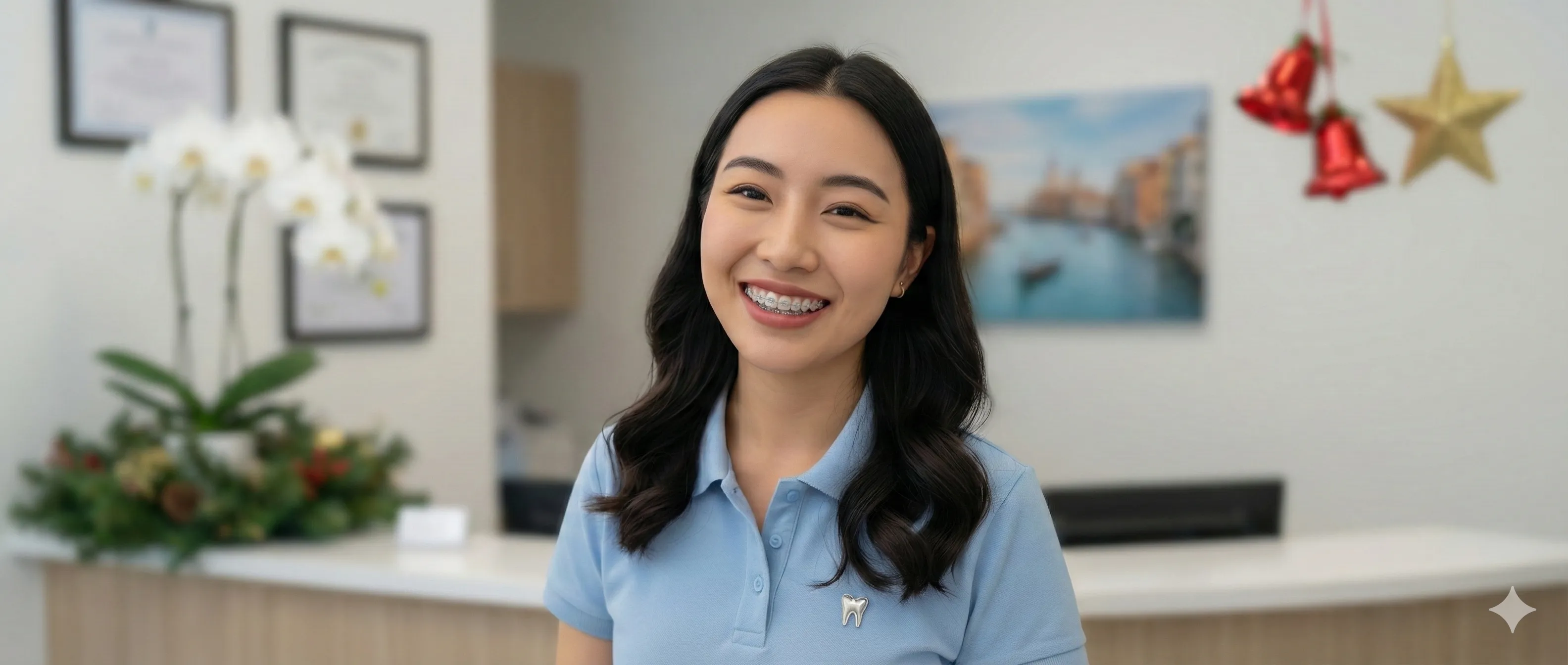 Cartoon tooth with toothbrush and sparkles